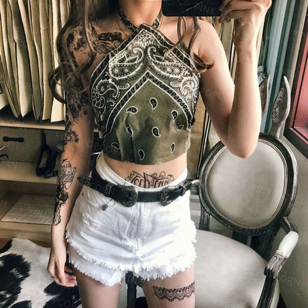 

4 colors monochrome paisley bandana lace up crop tank 2020 new fashion women summer holiday backless camis biki, White
