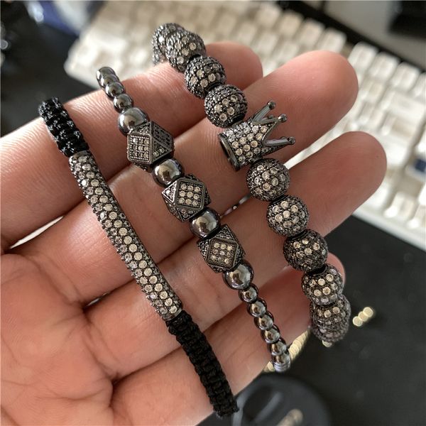 

3pcs/set hip hop micro cz crown polygon moon charm men bracelet set luxury braiding bracelet set jewelry acier pulseira bileklik, Red;blue