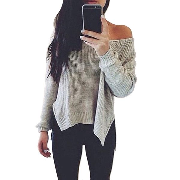 

2020 autumn and winter style knit sweater fashion hem slit v-neck off-shoulder pullover women, White;black