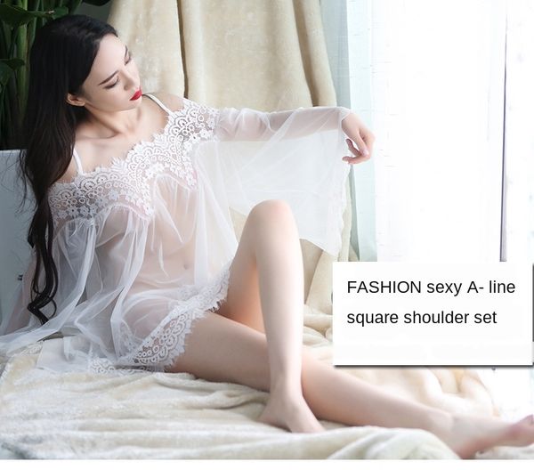 

p6hsb new off-shoulder nightdress set perspective mesh straight pajamas pajamas new off-shoulder lace nightdress set perspective mesh s, Black;white