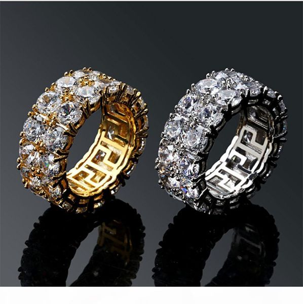 

k mens 2 row iced out 360 eternity gold bling кольца micro pave цирконий 18k позолоченный имитация diamonds hip hop кольцо с подарком, Golden;silver