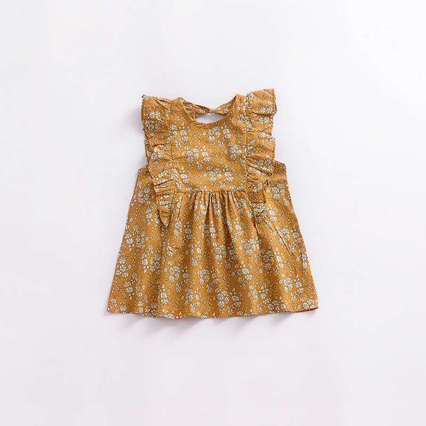 

summer new children's clothing ins european and american retro girls floral flying sleeve dress, Red;yellow