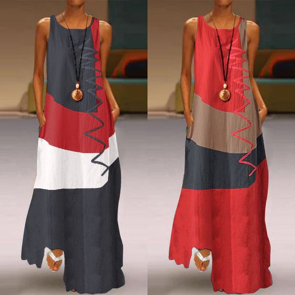 

women patchwork sundress zanzea 2020 summer maxi dress kaftan casual sleeveless tunic vestido female 100% cotton robe plus size, Black;gray