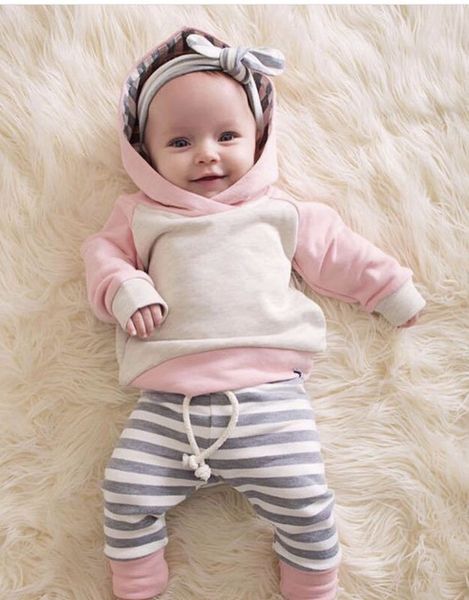 

infant toddler baby girls clothes cute long sleeve hoodie sweatsuit pants headband 3pcs kids outfit set y200803, White