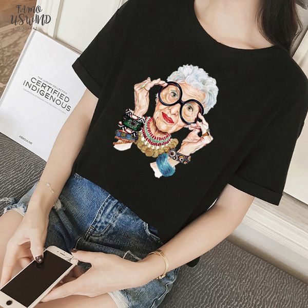

2020 summer womens t shirt fashion casual harajuku eccentric old grandmother print personality korean v neck womens t shirt, White