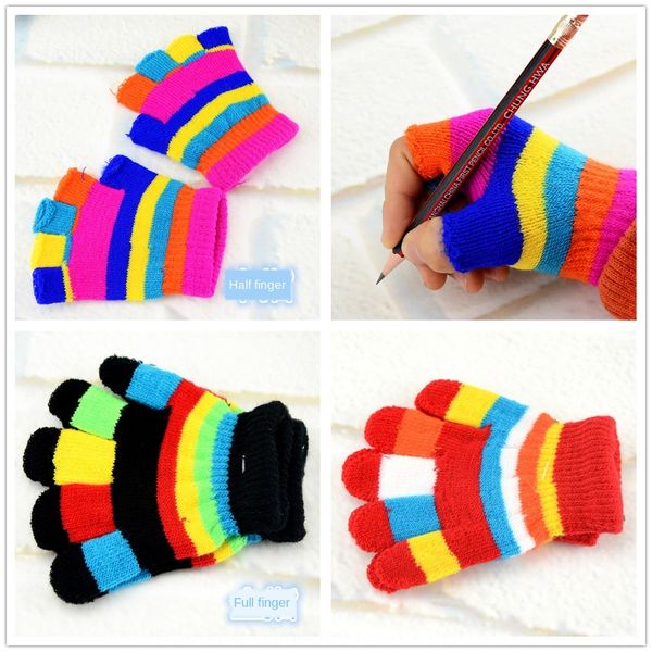 

thickened brushed multicolor rainbow warm gloves and new winter children's warm knitted half finger full finger gloves, White