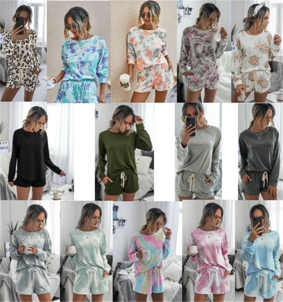 

women's hoodie and shorts set 2 piece floral tie dye solid tracksuit pullover shirt drawstring short pants pajama sets home outfits d71, White