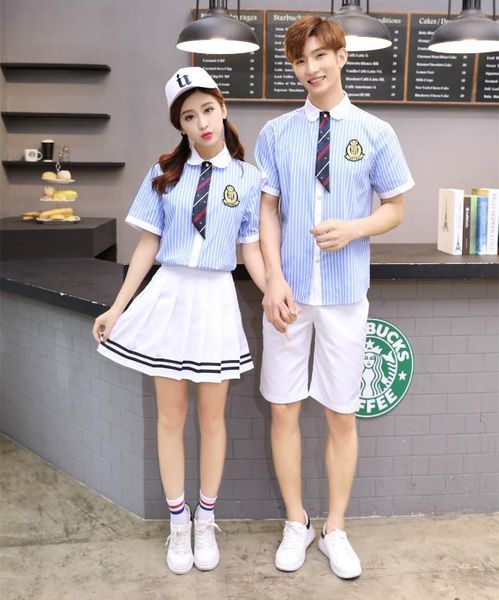 

summer japanese school uniform girls korean navy uniforms boys student striped shirt +black pants plus size cosplay clothing, White