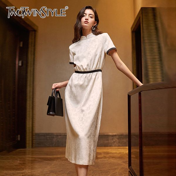 

twotwinstyle урожай лоскутная платье для женщин стенд воротник с коротким рукавом печати maxi элегантные платья женский 2020 лето новый стил, Black;gray