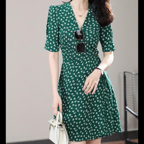 

2020 new summer green mini dress v-neck wrap floral print short-sleeved lady slim short dresses holiday beach sundress, Black;gray