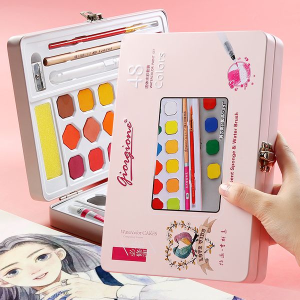 

36/48 colors pink/blue solid watercolor paint set with iron box for school students watercolor painting pigment art supplies
