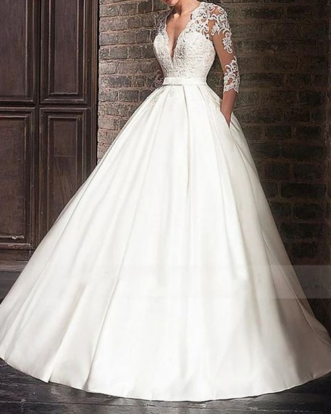 

a-line wedding dresses v neck floor length satin half sleeve formal plus size illusion sleeve with appliques, White