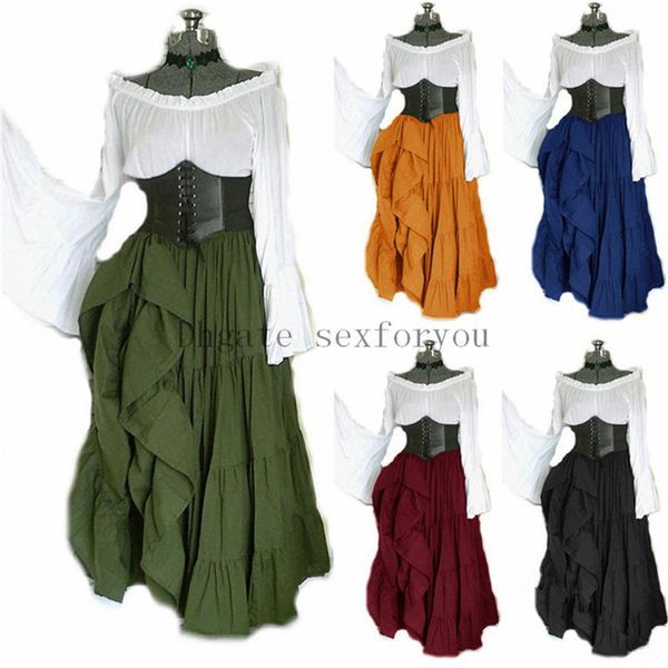 

new halloween women medieval cosplay costumes gothic retro middle ages long sleeve pleated corset dress, Black;red