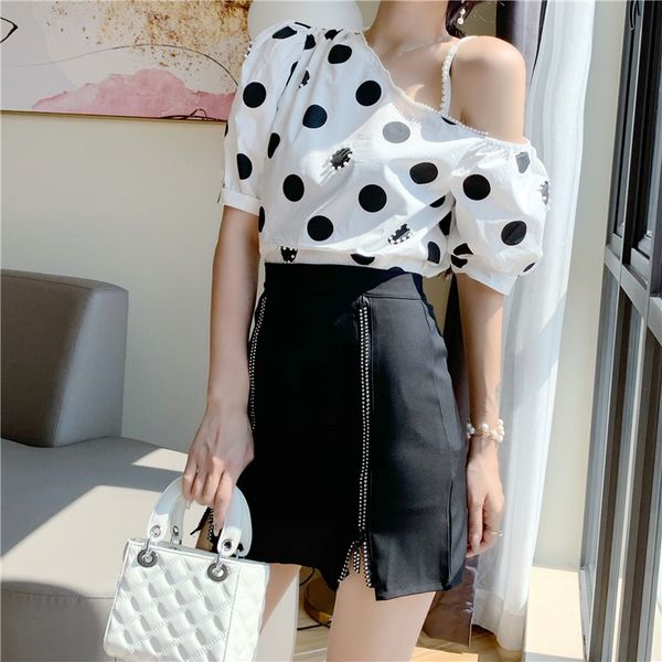 

french polka dot off-shoulder beaded design white shirt zipper high waist slimming skirt set for women