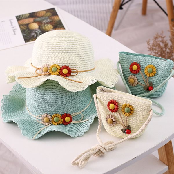 

two piece set child baby sun flower panama cap and handbags outdoor princess girl kids straw hat uv protection hats caps bags, Blue;gray