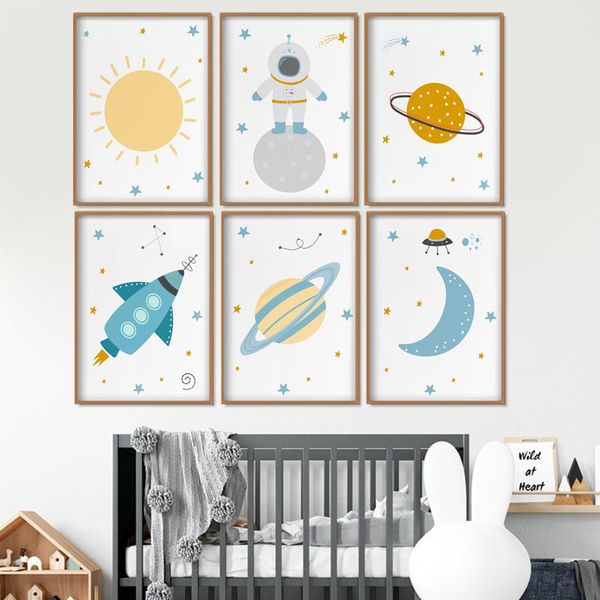 

мультфильм sun moon star астронавт rocket wall art холст картина nordic плакат и печать wall picture for kids room decor boy