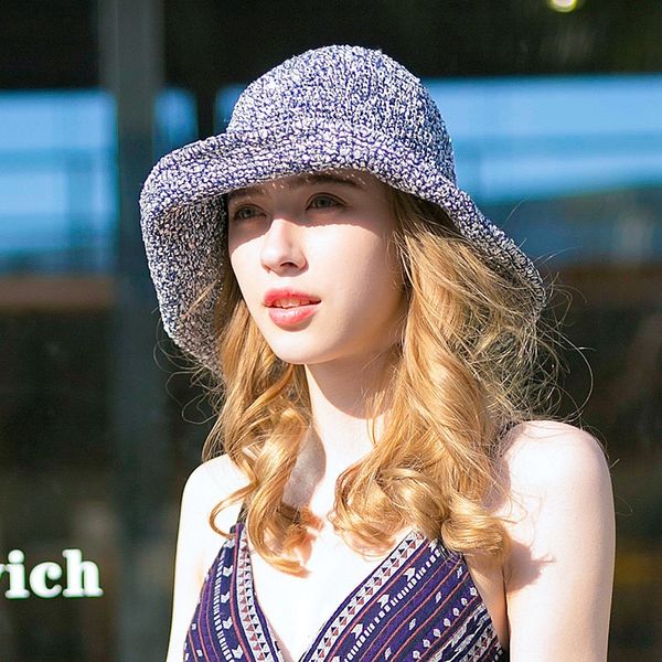 

linglong clothing 2020 straw crochet hipster cute hat female summer flower foldable sun-blocking straw hat, Blue;gray