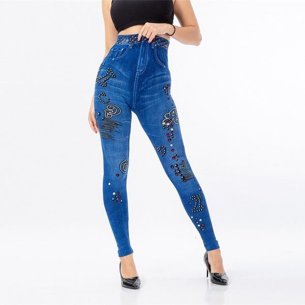 

womens leggings casual imitation cowboy leggings bead high elasticity slim floral cropped pan fitness pants 25, Black