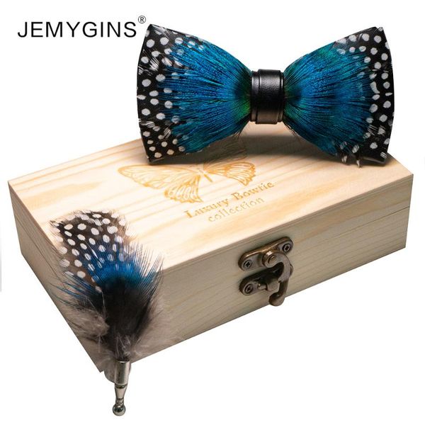 

jemygins 2020 brand fashion men bow tie blue feather handmade bow brooch gift box set wedding performance gift, Black;gray