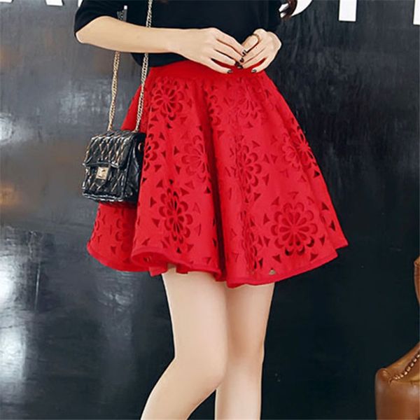 

hollow out floral ball gown empire elastic band mini skirt women jupe femme falda de las mujeres, Black