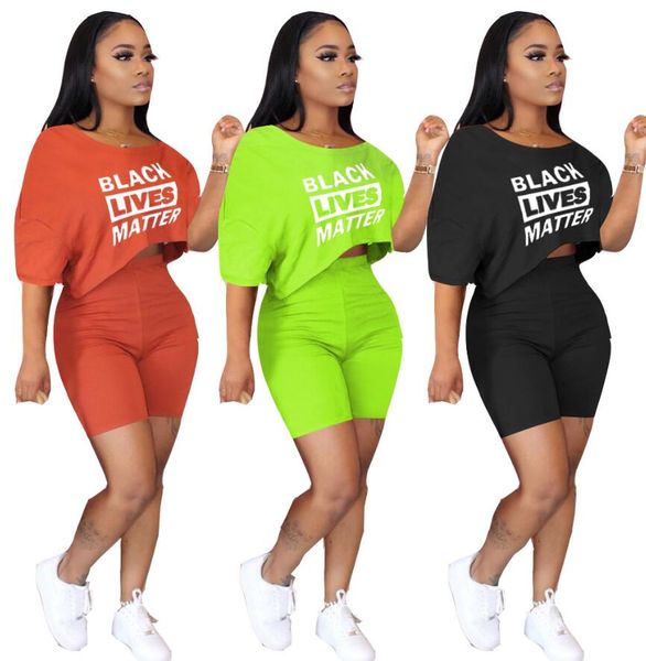 

women tracksuit designer letters black lives matter off shoulder t shirt crop shorts two pieces outfits summer t-shirt sports suit d7615, White