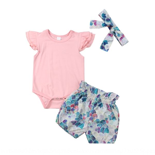 

girls summer 2019 new round neck flying sleeve pink colorful balloon casual shorts suit pants suit pants set