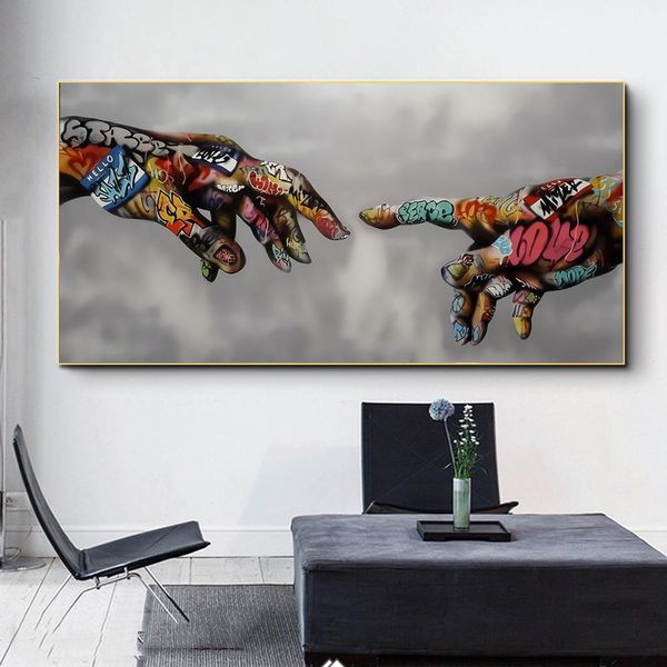 

Creation Of Adam Graffiti Art Canvas Posters And Prints Hand to Hand street Art Canvas Paintings on the Wall Art Pictures Cuadro
