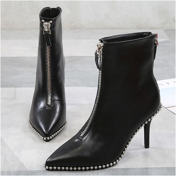 

2020 rivet decor boots women fashion pointed toe high heels front back zippers shoes woman new thin heel ankle boots for women, Black