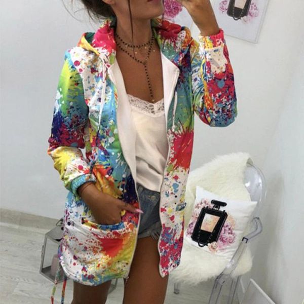 

women's trench coats autumn winter tie dye print women hooded coat flowers zipper up retro long sleeve camouflage jackets female, Tan;black