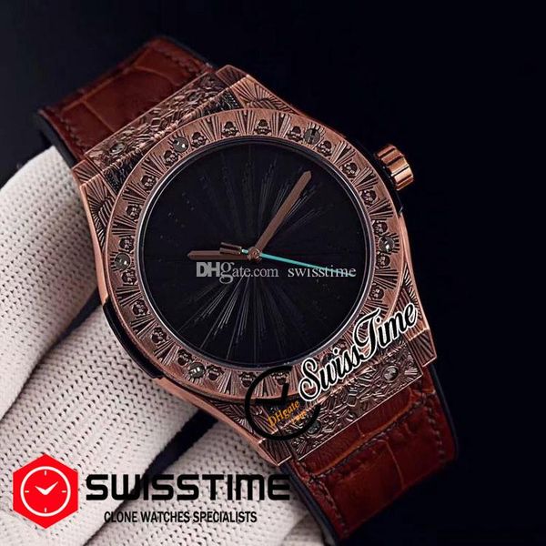 

new miyota 8215 automatic mens watch rose gold skull carving black texture dial brown leather rubber big retro watches swisstime hubg15a1, Slivery;brown