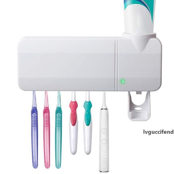 

toothpaste dispenser 6 toothbrush sterilizer holder, wall mounted with sticker for women kids baby bathroom t200507