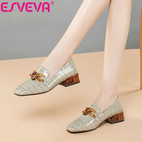 

esveva 2021 women pumps shoes cow leather+pu square med heels square low heel pointed toe solid shoes women casual size 34-42, Black