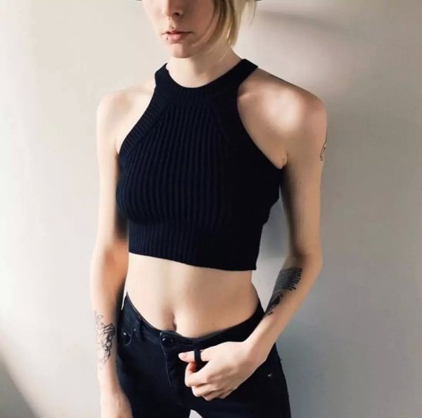 

small round collar narrow shoulder high waist navel short slim sleeveless vest knitted vest women's fashion, Camo