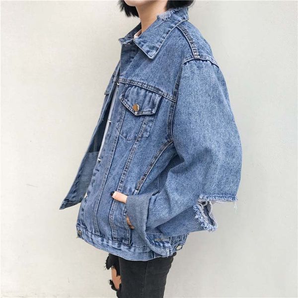 

retro solid turn-down collar jacket for women loose casual hole blue fashionable women versatile long sleeves comfortable coats, Black;brown