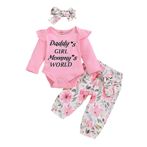 

3шт осень зима дети новорожденных baby girl одежда set ruffles длинные рукава письмо футболки топы + брюки + повязка outfits7, White