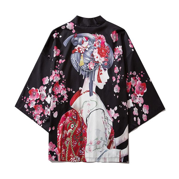 

2020 harajuku streetwear kimono jacket japanese geisha cartoon hip hop men japan style jacket summer thin clothing loose kimono, Black;brown
