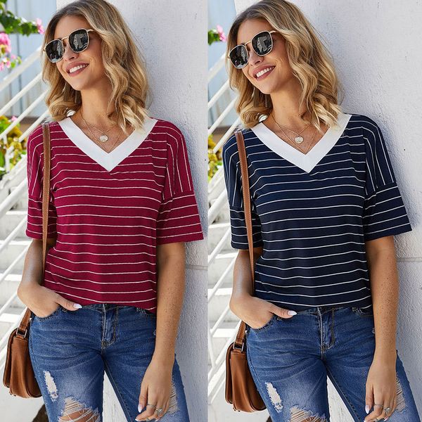 

v-neck t-shirt summer loose short sleeve women striped tee shirts women clothes summer, White