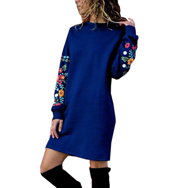 

autumn fashion flower print dress 2019 new elegant women long sleeve o-neck dresses casual vintage loose mini dress vestido, Black;gray