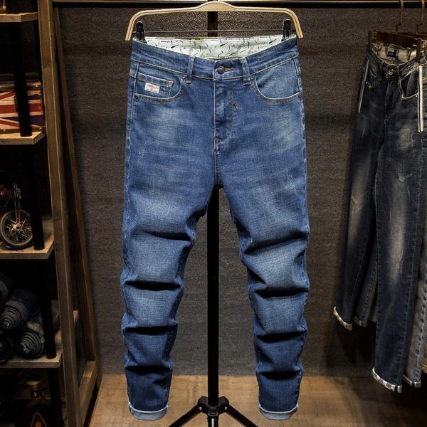 

men's jeans fashion stretch denim pants solid slim fit men casual male pencil jean straight trouser big large plus size 46, Blue