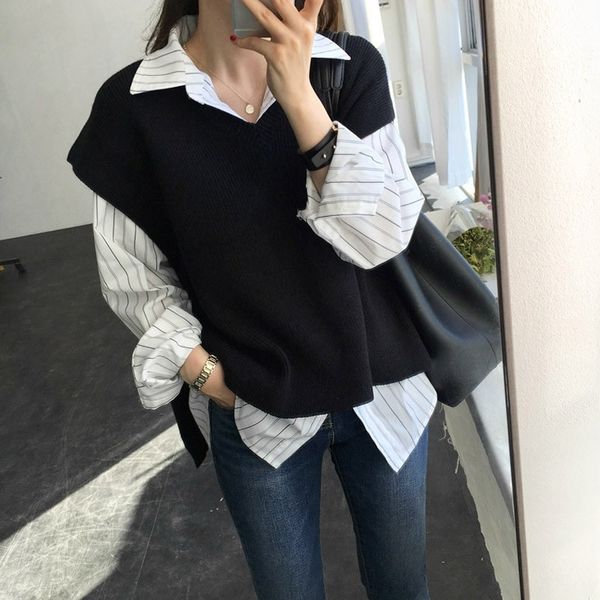 

r82zd women's vest loose korean style all-match sweater sleeveless pullover pullover pullovercoat pulloverthin short knitted sweater ou, Black;white