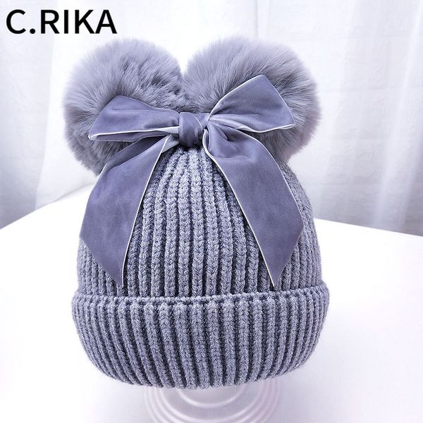 

new double baby winter pompom bow knitted hat kids girl baby hat outdoor thick warm children infant pom pom beanies bonnet, Blue;gray