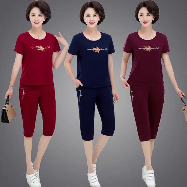 

kc5c9 mom's suit short-sleeved clothes mom's t-shirt summer suit middle-aged women's short-sleeved t-shirt middle-aged women, Gray