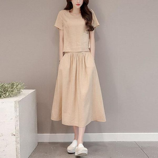 

missky 2 pcs/set women sets summer simple casual round neck short sleeve solid color t shirts+skirt set female clothes, Gray