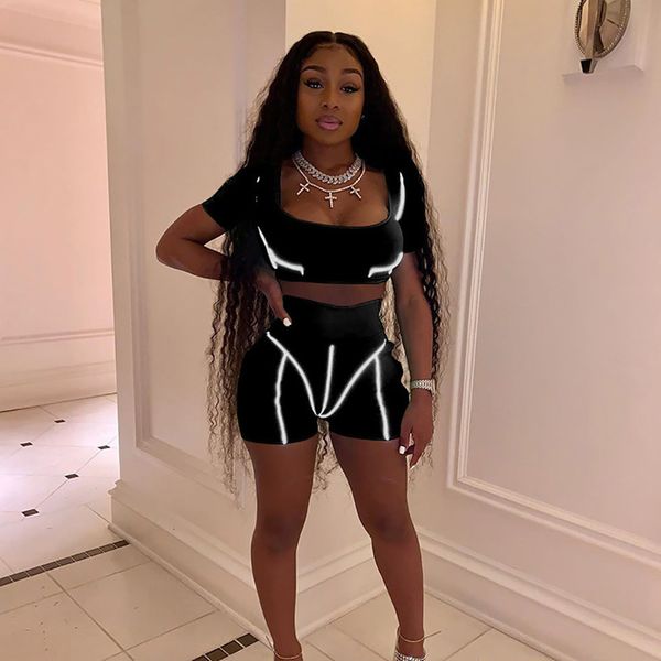 

reflective two piece set women tracksuit summer clothes patchwork crop biker shorts sweat suits bodycon club outfits, Gray