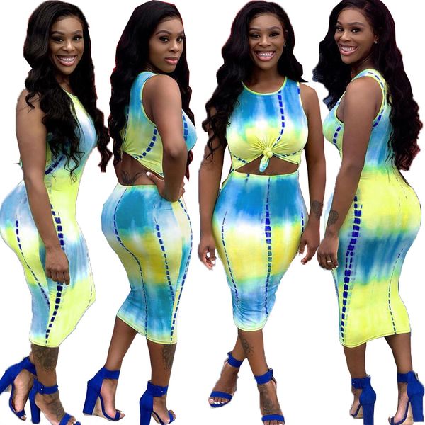 

2020 new women's clothing china wholesale european and american women's two piece sets waist-dye tie-dye print dress nightclub, White