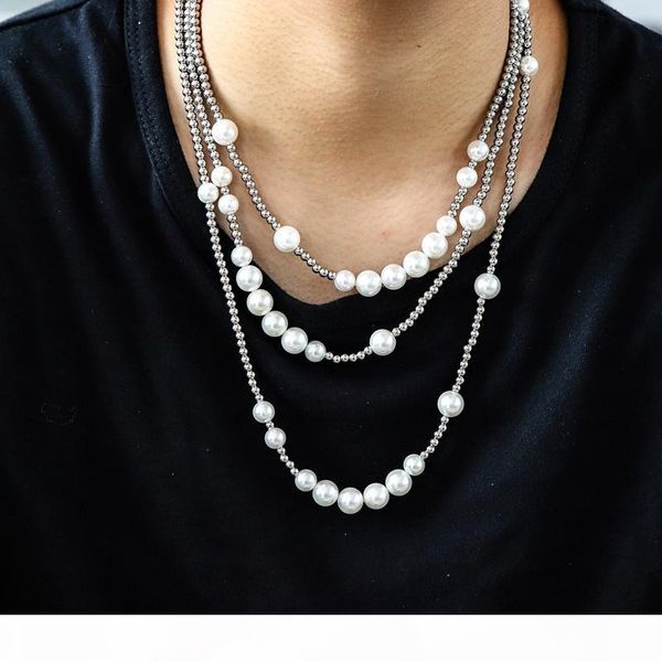 

mens pearl necklace hip hop stainless steel ball beaded necklace jewelry clavicle chain necklace hip hop jewelry, Silver