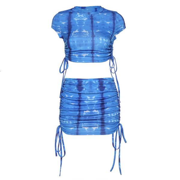 

simenual drawstring fashion casual women co-ord sets short sleeve 2020 summer two piece outfit print crop and mini skirt set, Gray