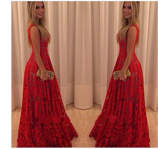 

sleeveless bright lace flowers red dress women dress lace long longuette elegant party dresses formal vestidos, Black;gray