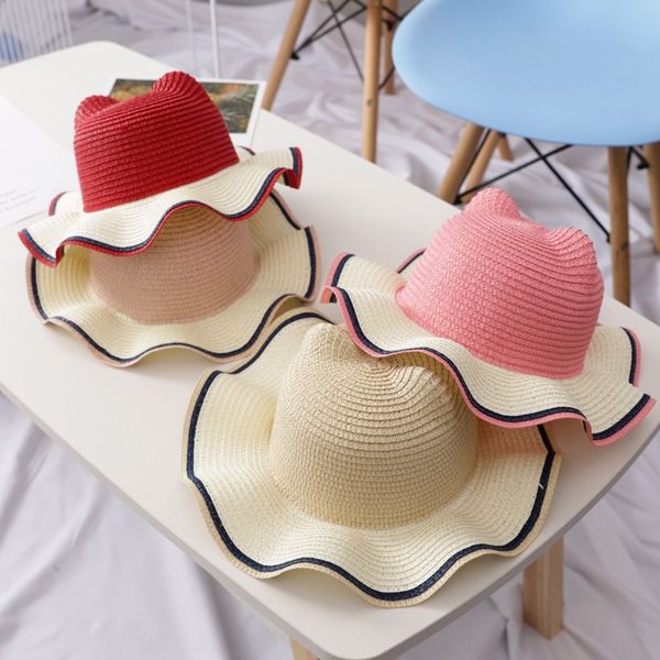 

g1034 korean color matching wave bear ear baby sun princess beach straw hat children's straw hat, Blue;gray