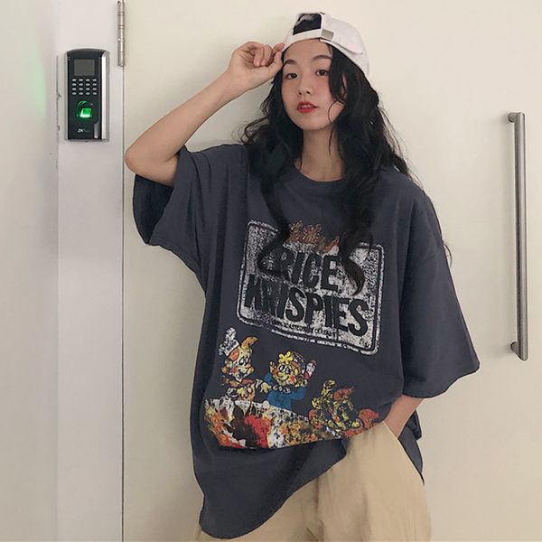 

урожай гномы мультфильм печать лето tshirts женщин вскользь oversized рубашки смешной письмо длинные топы плюс размер коротким рукавом w438, White